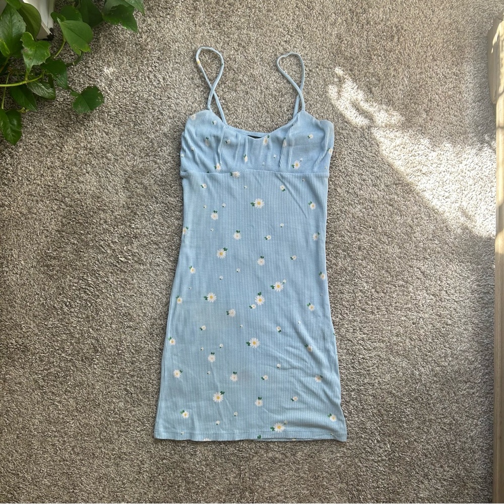 Light Blue Daisy Print Ribbed Mini Dress - Picture 5 of 12